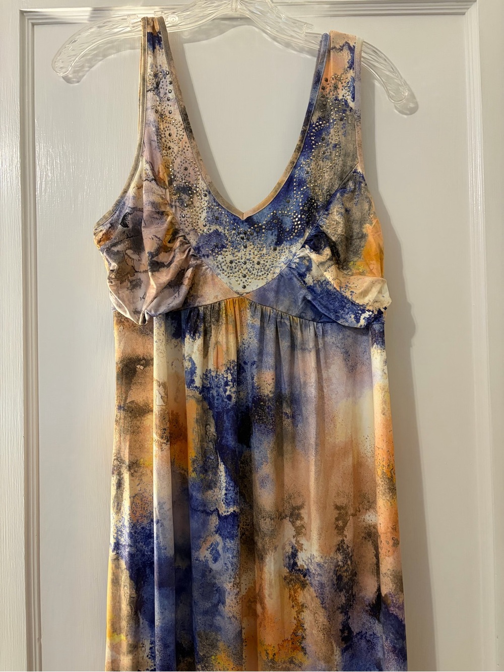 ONE WORLD Watercolor Print Sleeveless Maxi Dress - Blue, Tan & Yellow
